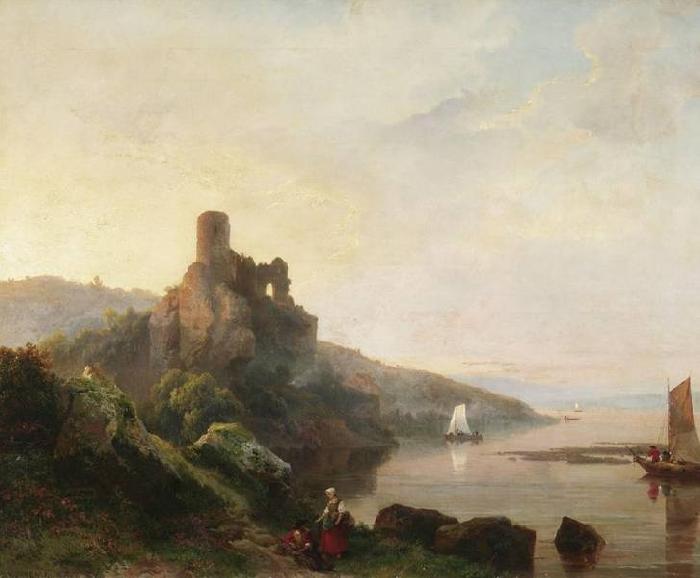 Pieter Lodewyk Kuhnen Romantic Rhine landscape with ruin at sunset. Painting